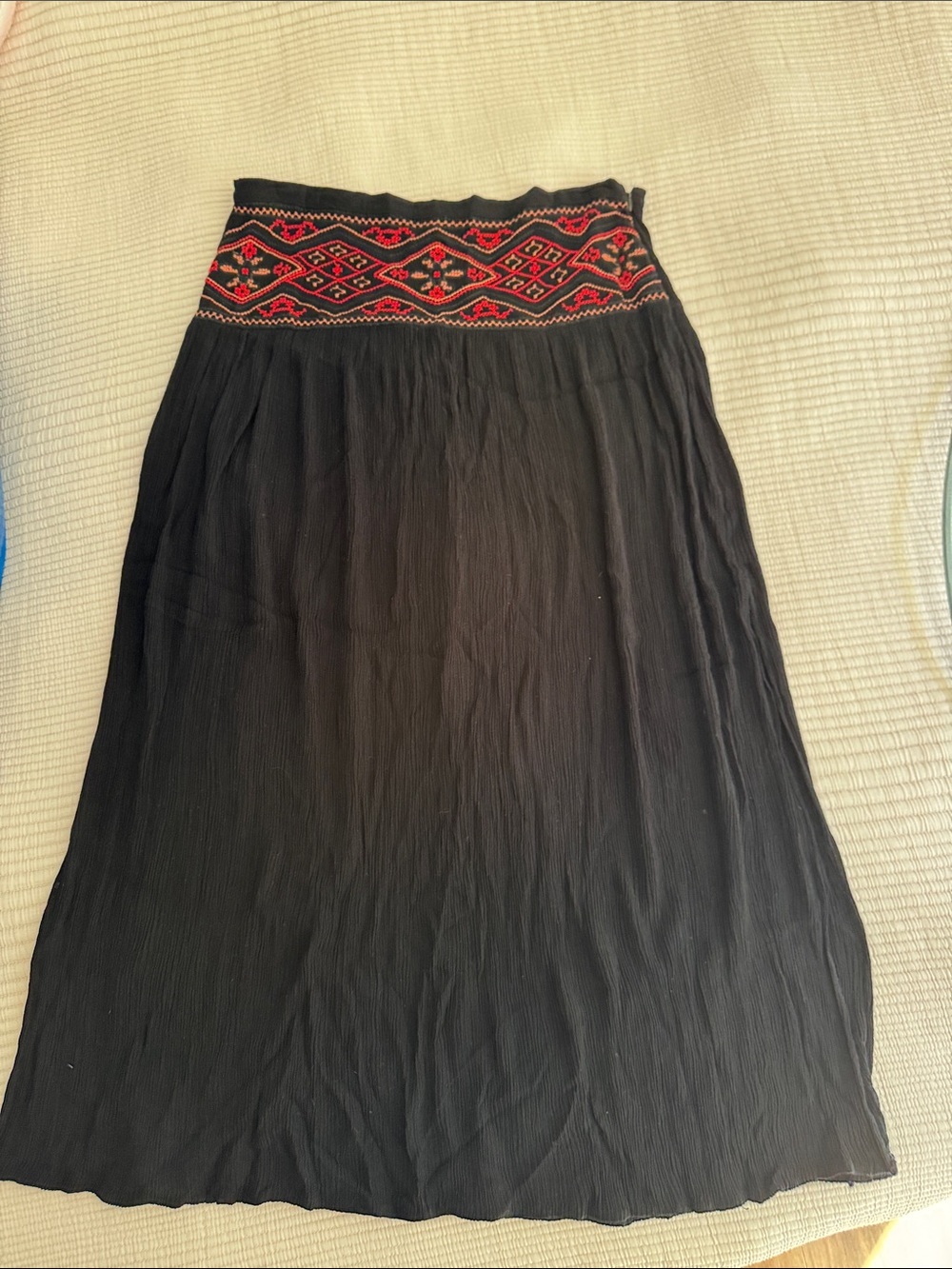 Timing Black Maxi Skirt with Red Embroidered Waistband, zip side